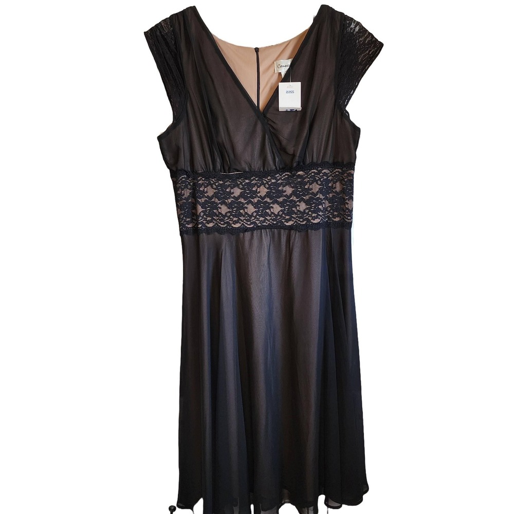 Connected Black Lace Babydoll Dress‎ V-Neck Sheer Overlay Champagne Lining Sz 16